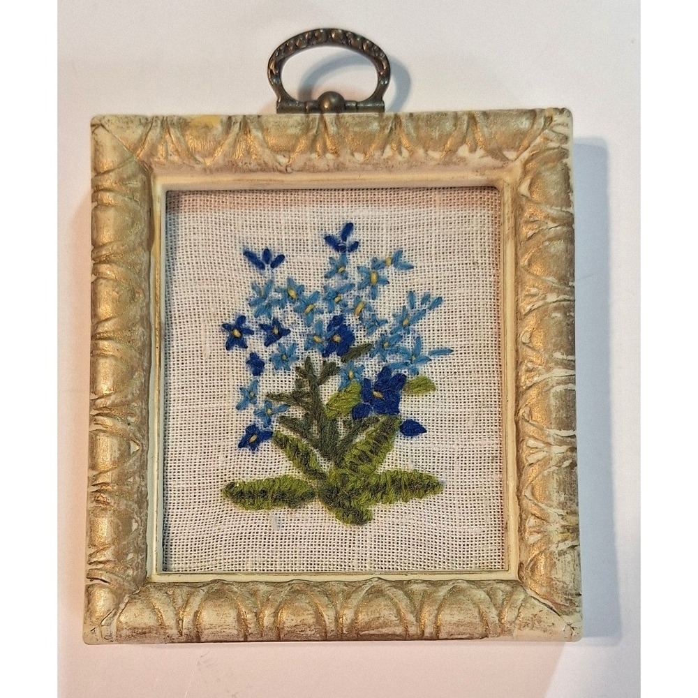 Vintage Miniature Needlepoint Floral Wall Art Blue Flowers Gold Ornate Frame